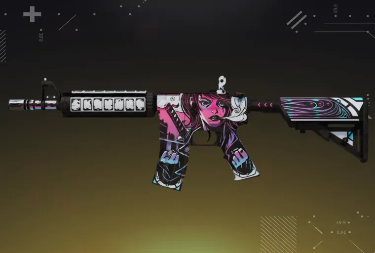 CS2 M4A4 Neo-Noir rifle showcased on a yellow background.