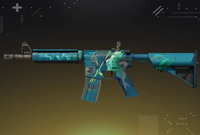CS2 M4A4 Poseidon rifle showcased on a yellow background.
