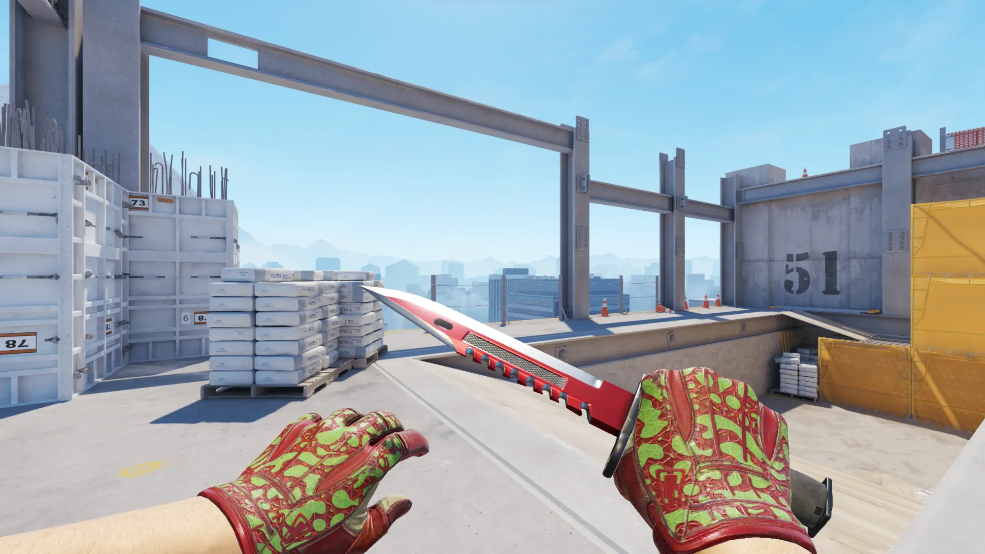 In-game image showing a CS2 knife and glove combo, highlighting the matching colors and patterns of the weapon and gloves.