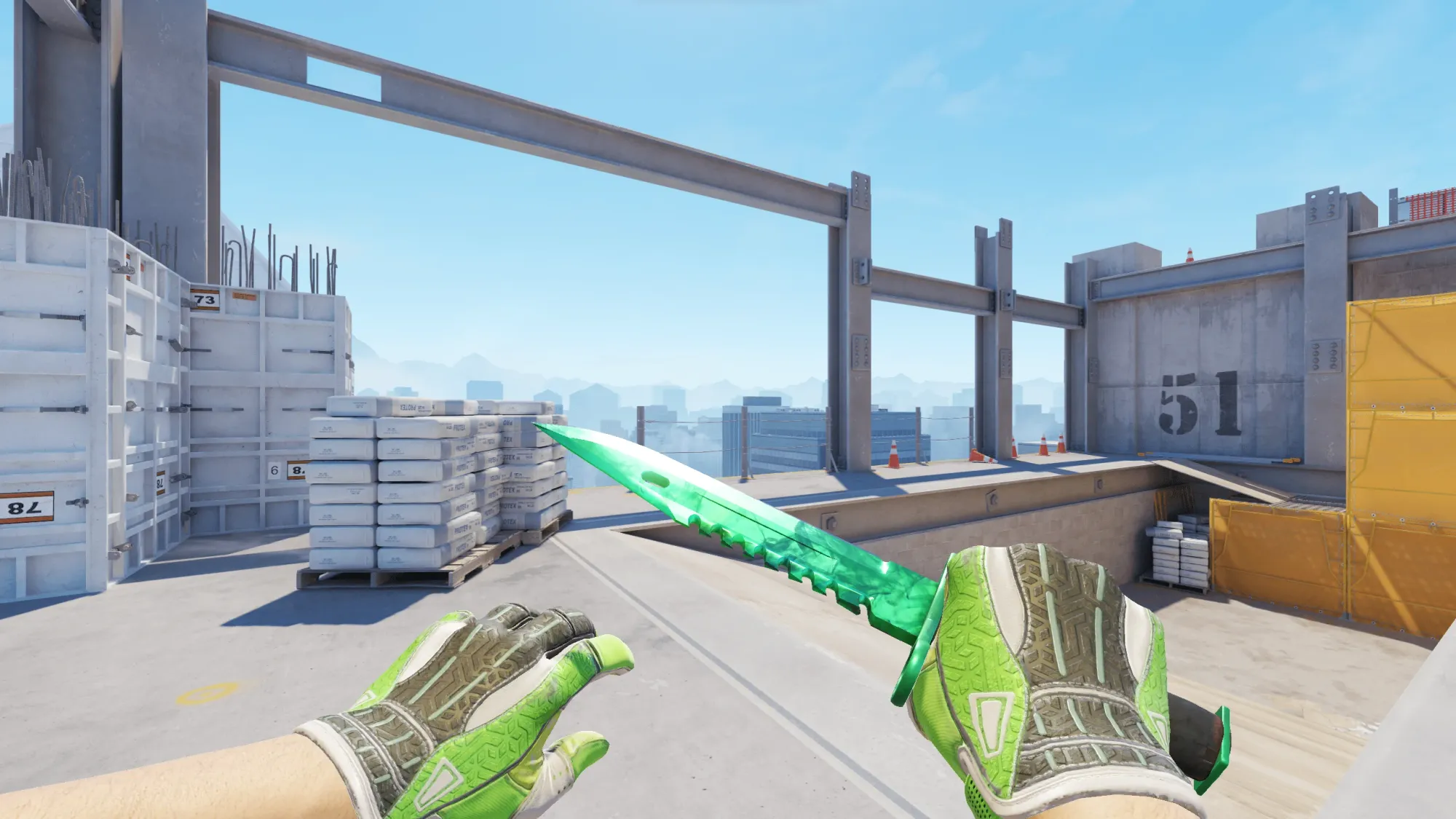 In-game image showing a CS2 knife and glove combo, highlighting the matching colors and patterns of the weapon and gloves.