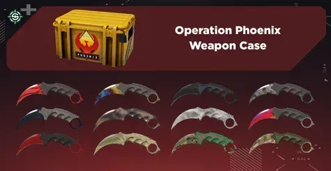Image showing Operation Phoenix Weapon Case with all Karambit finishes on a red Skinrave background