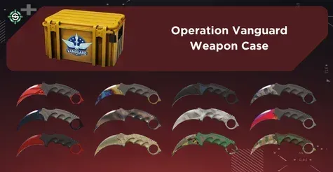 Image showing Operation Vanguard Weapon Case with all Karambit finishes on a red Skinrave background