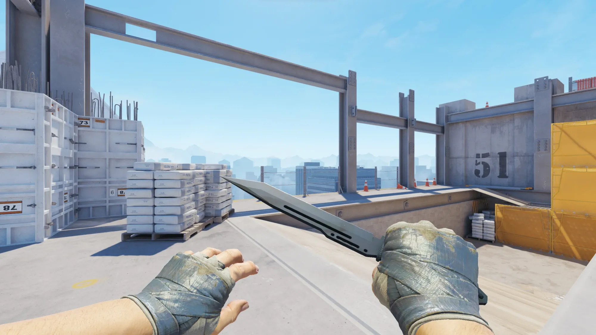 In-game image showing a CS2 knife and glove combo, highlighting the matching colors and patterns of the weapon and gloves.