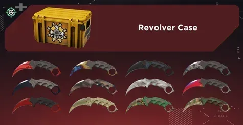 Image showing Revolver Case with all Karambit finishes on a red Skinrave background