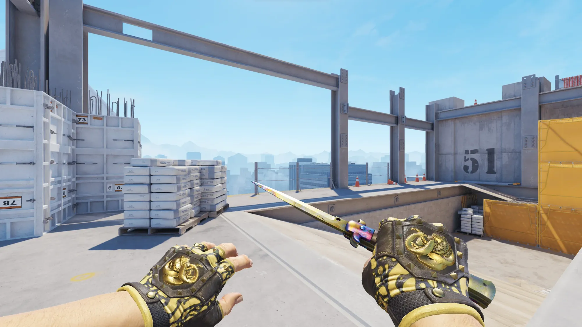 In-game image showing a CS2 knife and glove combo, highlighting the matching colors and patterns of the weapon and gloves.