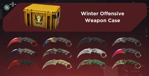 Image showing Winter Offensive Weapon Case with all Karambit finishes on a red Skinrave background