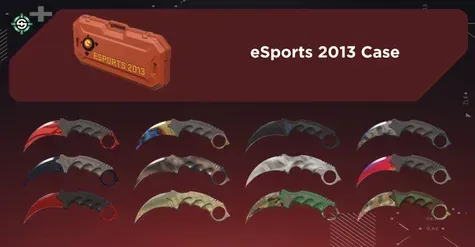 Image showing eSports 2013 Case with all Karambit finishes on a red Skinrave background