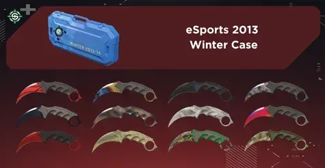 Image showing eSports 2013 Winter Case with all Karambit finishes on a red Skinrave background