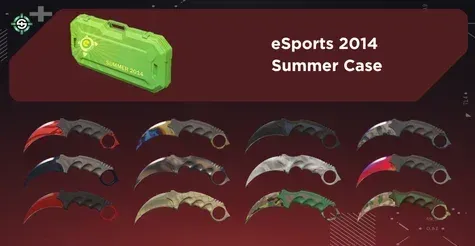 Image showing eSports 2014 Summer Case with all Karambit finishes on a red Skinrave background