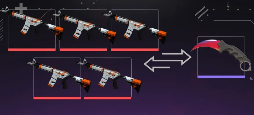 CS2 knife trade-up example with five Covert M4A4 skins exchanged in a Trade Up Contract for a Karambit knife.