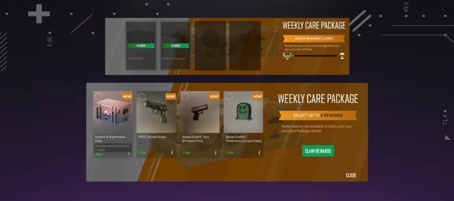 CS2 weekly care package screen showing free case and skin rewards players can claim each week for drops and cases.