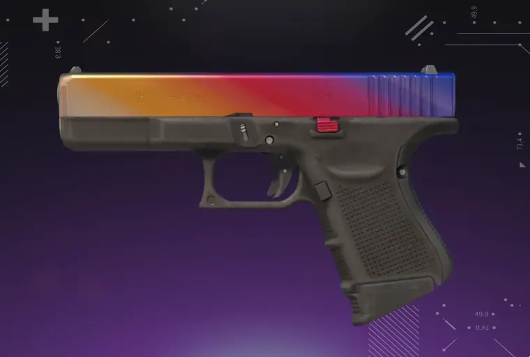 CS2 Glock-18 skin displayed on a purple background, showcasing the weapon’s detailed design and vibrant finish
