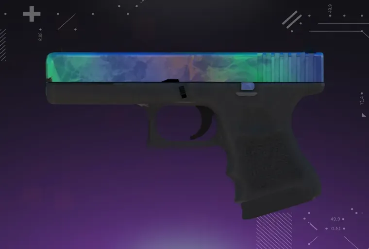 CS2 Glock-18 skin displayed on a purple background, showcasing the weapon’s detailed design and vibrant finish