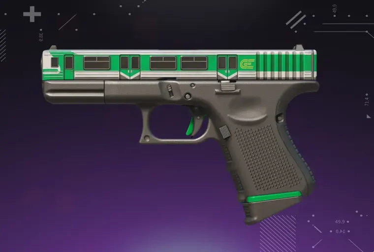CS2 Glock-18 skin displayed on a purple background, showcasing the weapon’s detailed design and vibrant finish