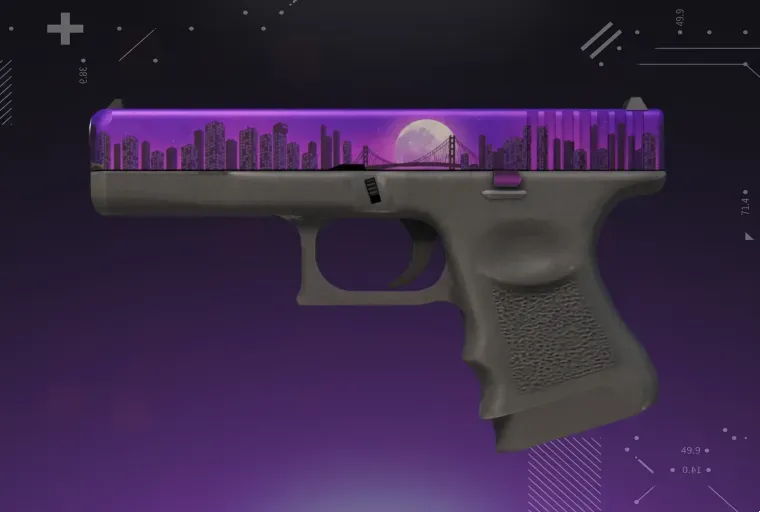 CS2 Glock-18 skin displayed on a purple background, showcasing the weapon’s detailed design and vibrant finish