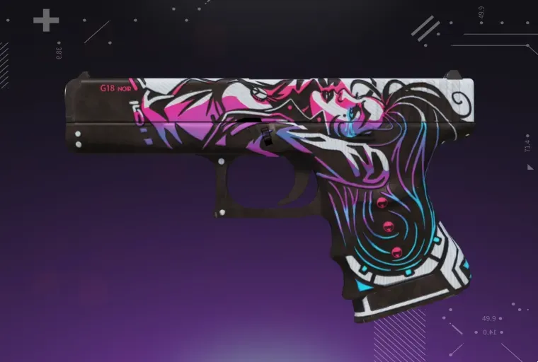 CS2 Glock-18 skin displayed on a purple background, showcasing the weapon’s detailed design and vibrant finish