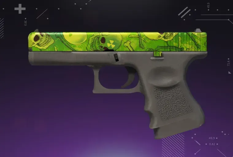 CS2 Glock-18 skin displayed on a purple background, showcasing the weapon’s detailed design and vibrant finish