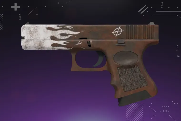 CS2 Glock-18 skin displayed on a purple background, showcasing the weapon’s detailed design and vibrant finish
