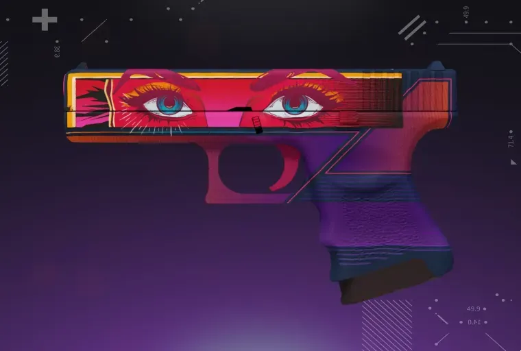CS2 Glock-18 skin displayed on a purple background, showcasing the weapon’s detailed design and vibrant finish