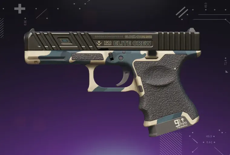 CS2 Glock-18 skin displayed on a purple background, showcasing the weapon’s detailed design and vibrant finish
