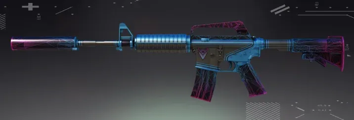 M4A1-S Decimator CS2 skin with neon blue and purple cyberpunk futuristic circuitry design
