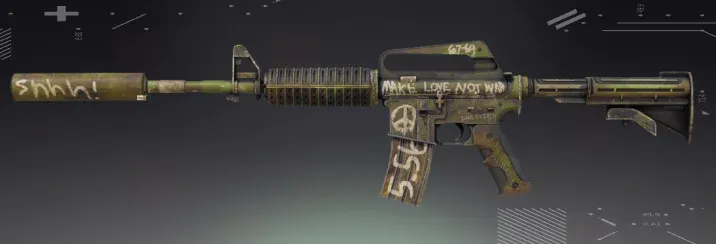 M4A1-S Flashback CS2 skin covered in graffiti-style anti-war messages and rebellious scribbles