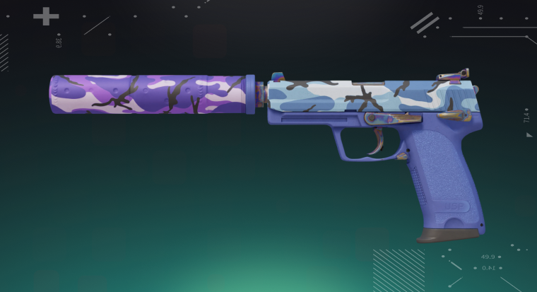 CS2 USP-S skin displayed on a bright cyan background, showing the pistol’s detailed design and silencer.