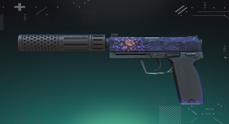 CS2 USP-S skin displayed on a bright cyan background, showing the pistol’s detailed design and silencer.