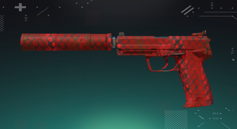 CS2 USP-S skin displayed on a bright cyan background, showing the pistol’s detailed design and silencer.