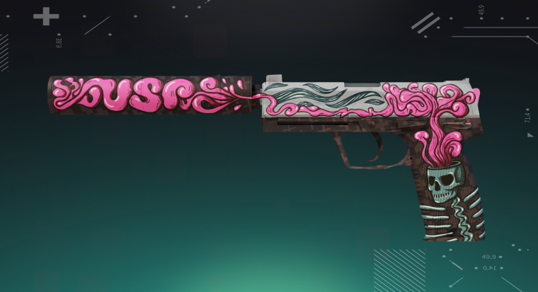CS2 USP-S skin displayed on a bright cyan background, showing the pistol’s detailed design and silencer.