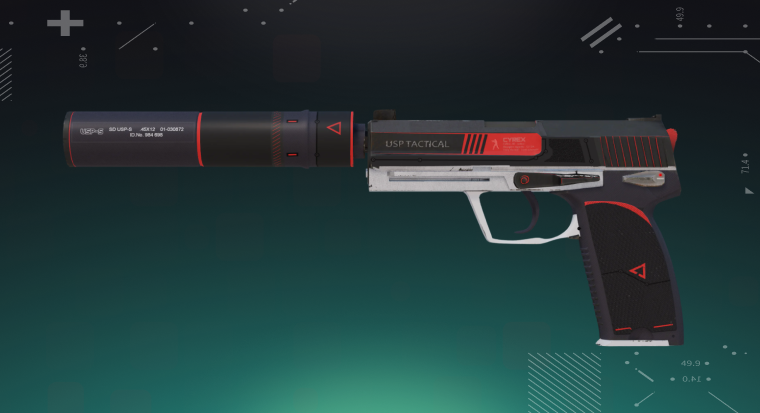 CS2 USP-S skin displayed on a bright cyan background, showing the pistol’s detailed design and silencer.