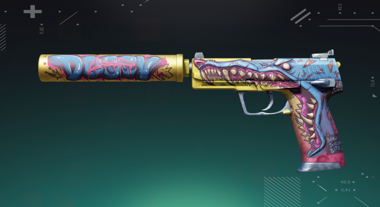 CS2 USP-S skin displayed on a bright cyan background, showing the pistol’s detailed design and silencer.