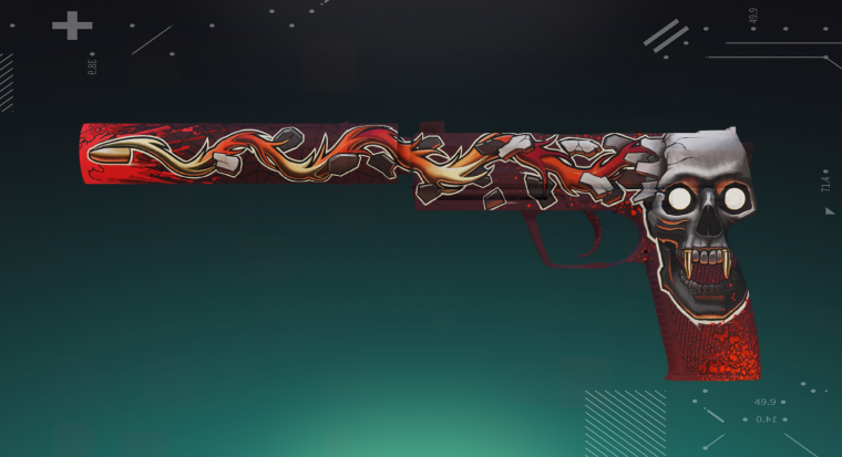 CS2 USP-S skin displayed on a bright cyan background, showing the pistol’s detailed design and silencer.