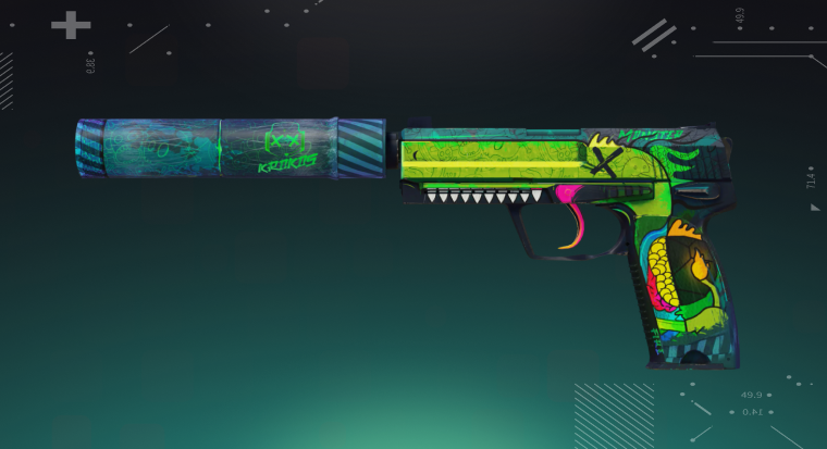 CS2 USP-S skin displayed on a bright cyan background, showing the pistol’s detailed design and silencer.