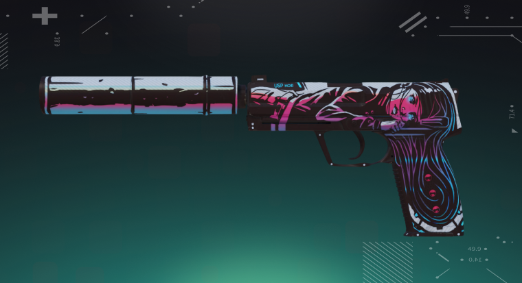 CS2 USP-S skin displayed on a bright cyan background, showing the pistol’s detailed design and silencer.