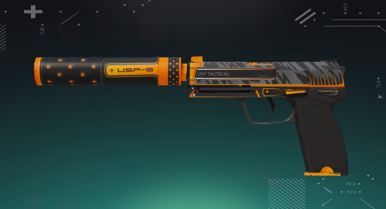 CS2 USP-S skin displayed on a bright cyan background, showing the pistol’s detailed design and silencer.