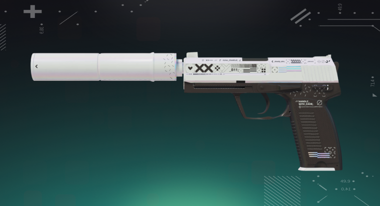 CS2 USP-S skin displayed on a bright cyan background, showing the pistol’s detailed design and silencer.