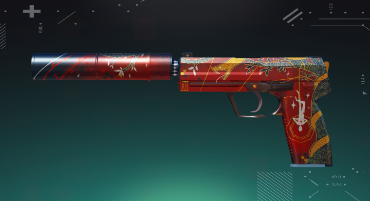 CS2 USP-S skin displayed on a bright cyan background, showing the pistol’s detailed design and silencer.