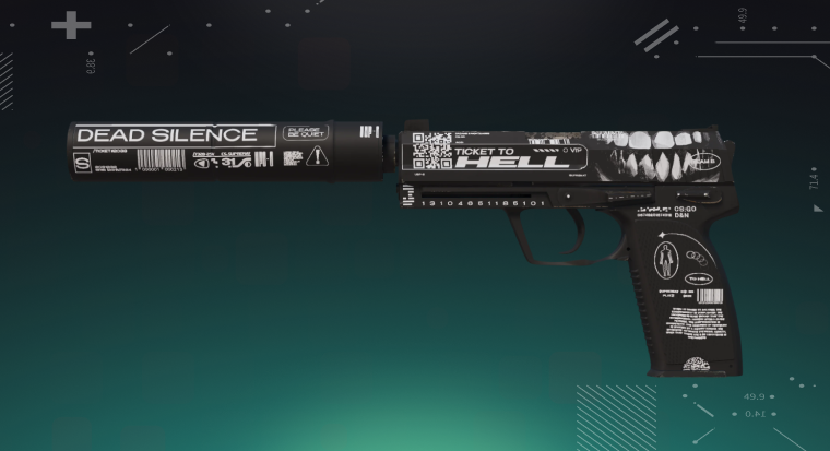 CS2 USP-S skin displayed on a bright cyan background, showing the pistol’s detailed design and silencer.