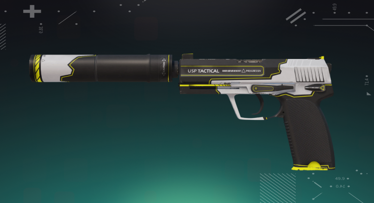 CS2 USP-S skin displayed on a bright cyan background, showing the pistol’s detailed design and silencer.