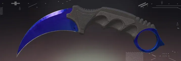 CS2 Karambit Sapphire skin showcasing deep blue crystalline blade with curved design