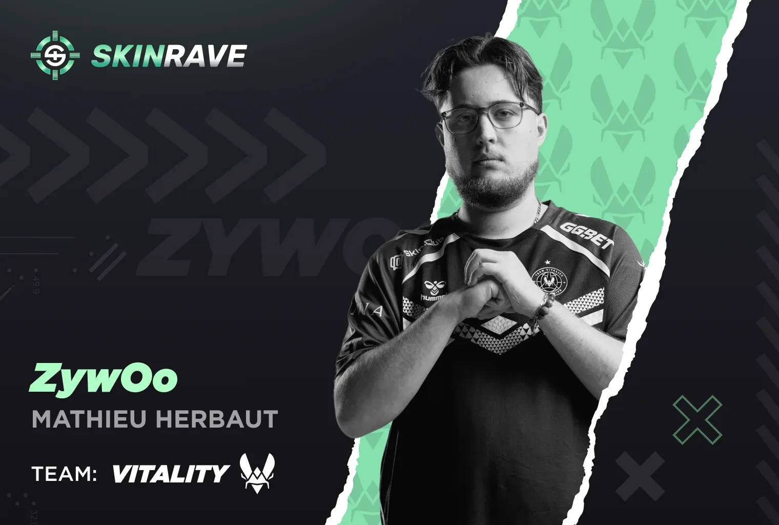 top 2 player ZywOo Mathieu Herbaut team vitality member on a black-green background