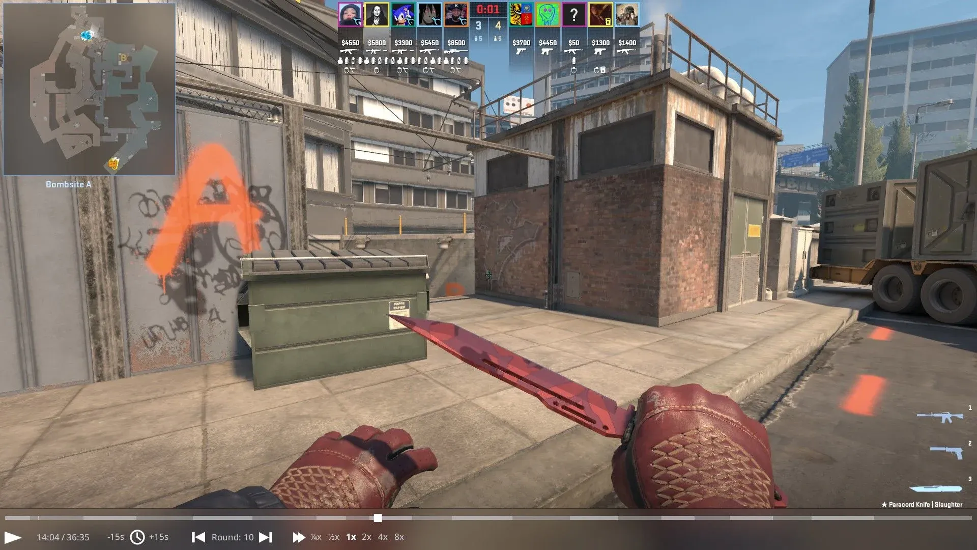 CS2 DemoUI screen of a match from Overpass with Red gloves and Red Paracord knife