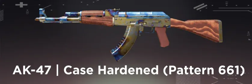 AK-47 | Case Hardened - Blue Gem (Pattern 661) skin on a grey background