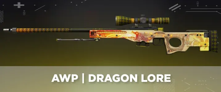 AWP Dragon Lore from CS2 displayed on a black and yellow tech background.
