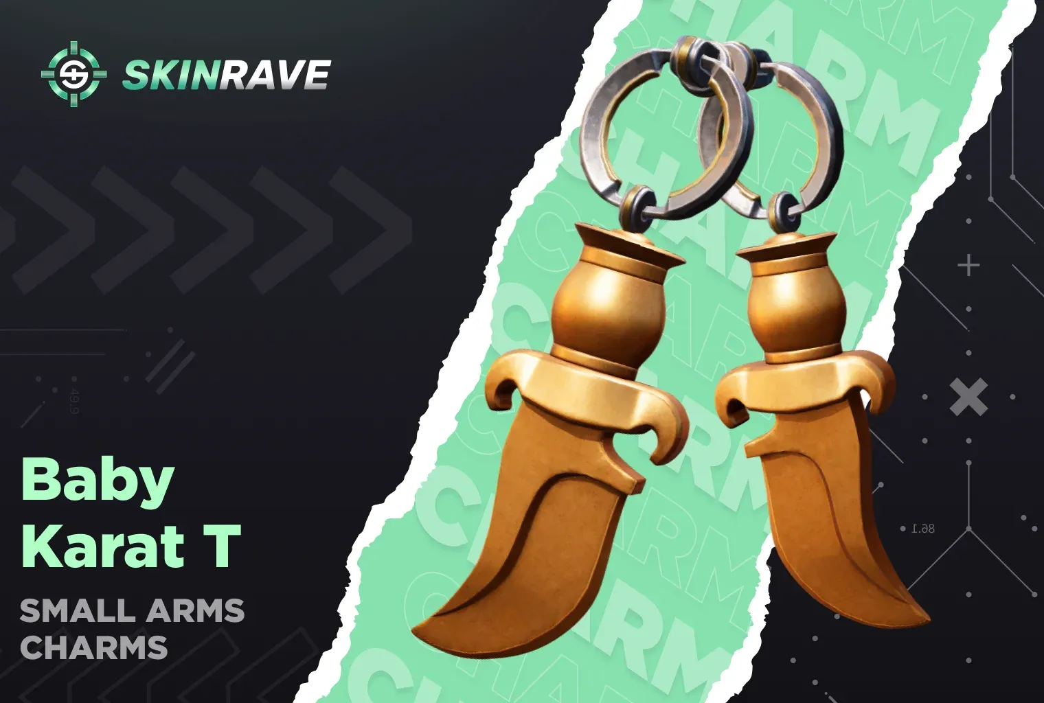 Charm | Baby Karat T a T-side golden knife charm on a green-black background