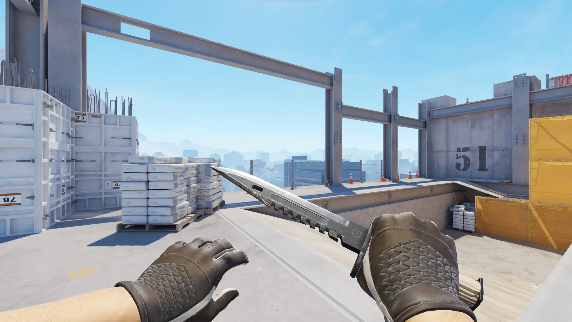 In-game image showing a CS2 knife and glove combo, highlighting the matching colors and patterns of the weapon and gloves.