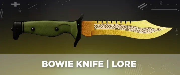 Bowie Knife Lore from CS2 displayed on a black and yellow tech background.