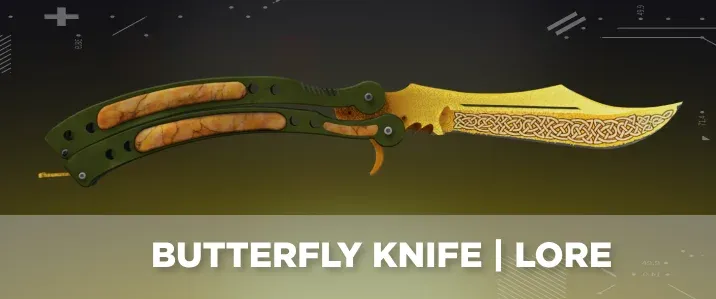 Butterfly Knife Lore from CS2 displayed on a black and yellow tech background.