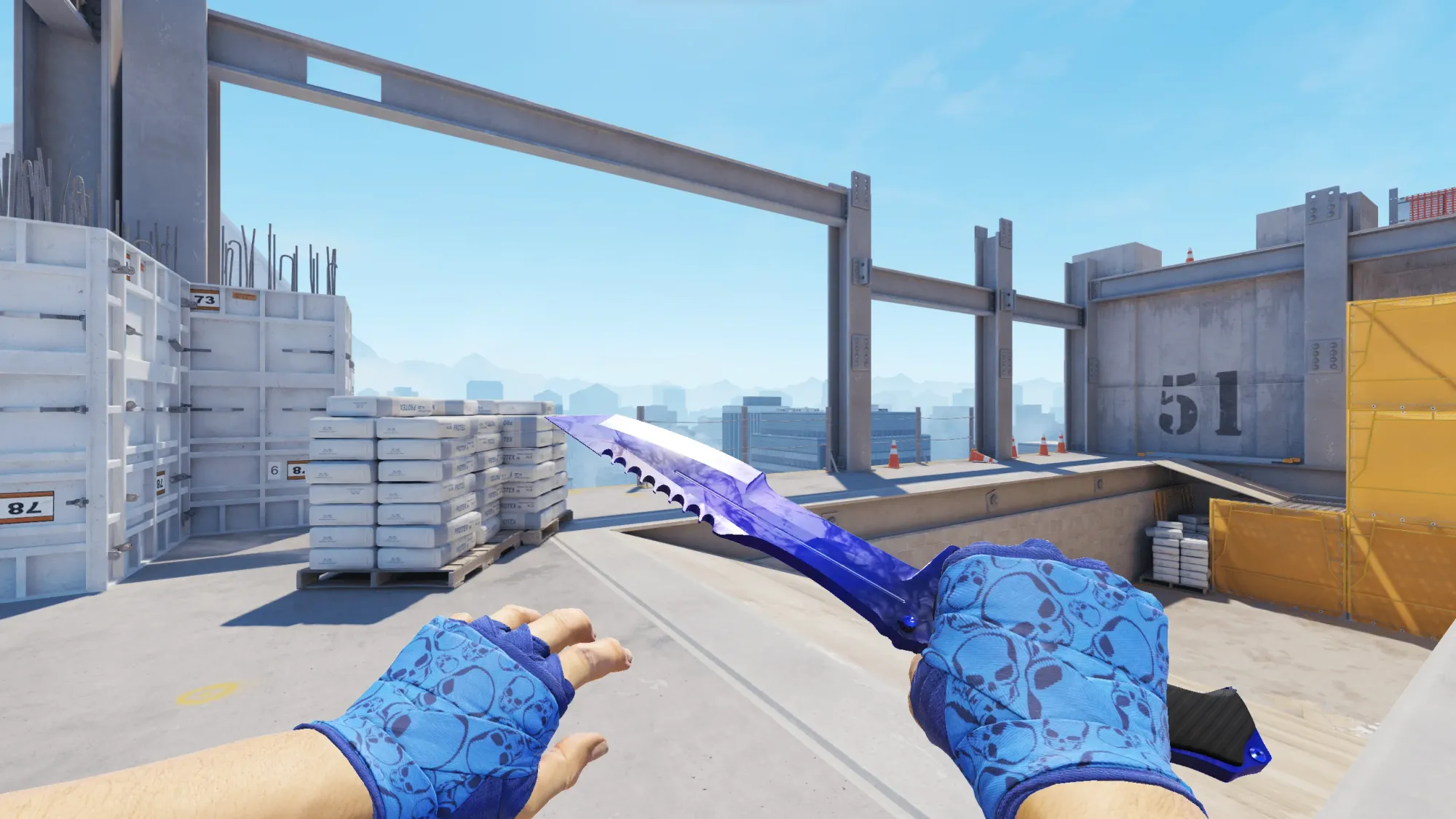 In-game image showing a CS2 knife and glove combo, highlighting the matching colors and patterns of the weapon and gloves.